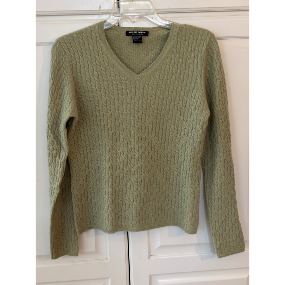 MARIELE‎ WAITHE Womens Cable Knit V Neck 100% Cashmere Sweater Sage Green Size S